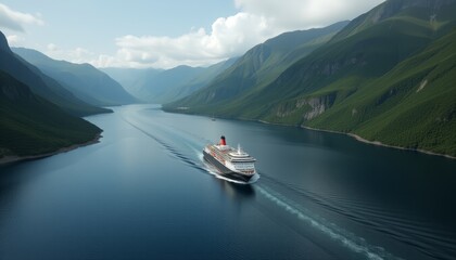 Cruise ship navigating through a fjord surrounded by cliffs