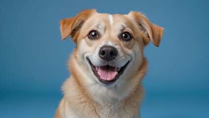 Cute dog with happy expression against blue background