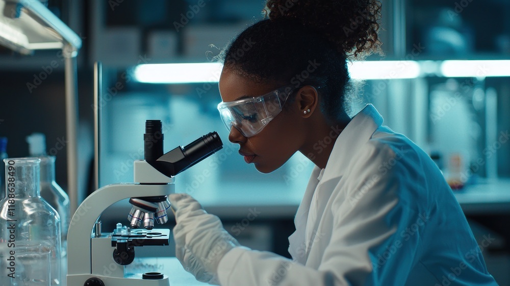Poster scientist using microscope in lab
