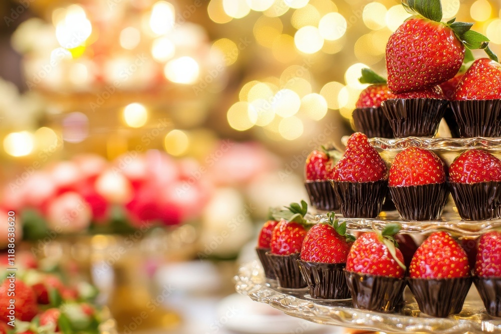 Poster Deliciously Crafted Strawberries in Chocolate Shells Adorned with Soft Golden Lighting on a Glamorous Dessert Table Setting with Blurred Background Effects