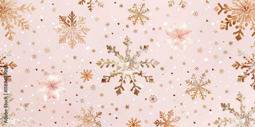 Poster golden snowflakes are displayed in close-up on a light pink background that is studio-clean with eno