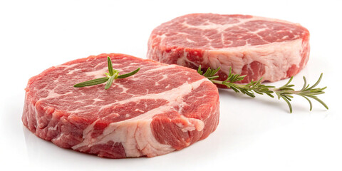 Fototapeta premium Two Fresh Raw Meat Cutlets Isolated on a White Background, Perfect for Culinary Creations
