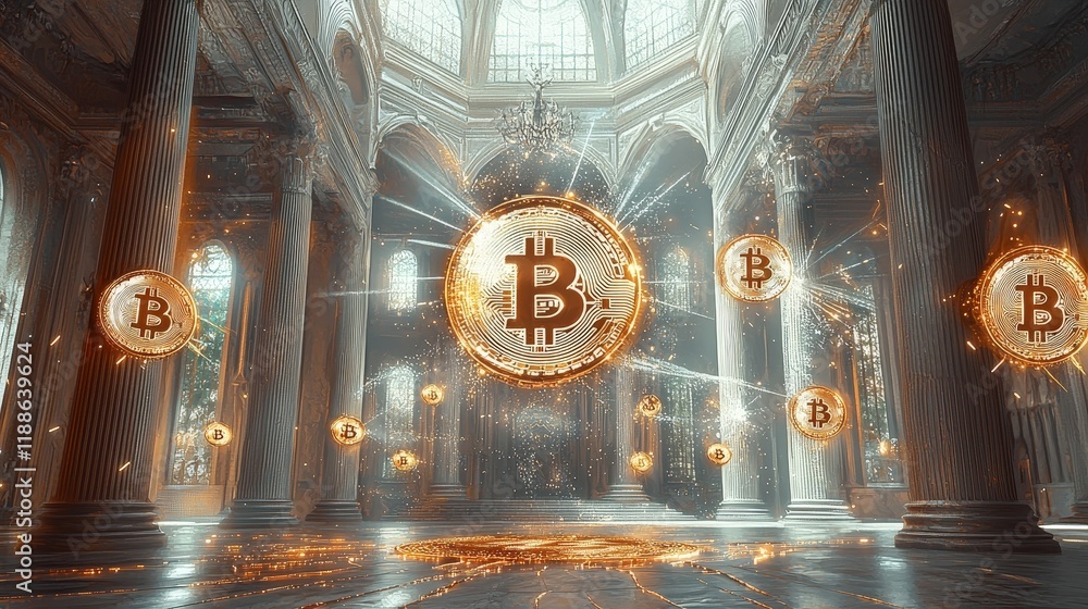 Poster golden bitcoin coins floating in an elegant temple with grand columns