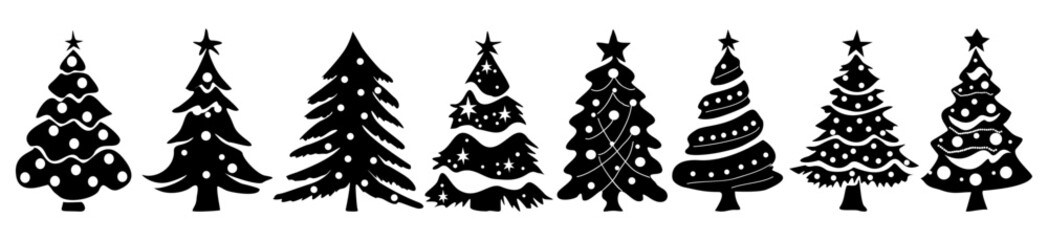 Set of Christmas tree silhouettes. Traditional holiday firs with ornaments and lights, Xmas spruce with festive decoration. Comic style black vector illustrations isolated on white background.