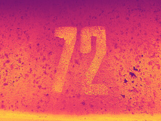 Bright number 72 on neon textured background. Seventy-two