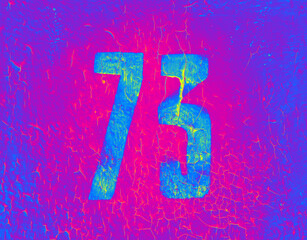 Bright number 73 on neon pink textured background. Seventy-three