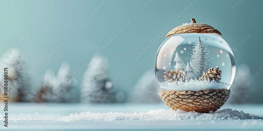 Poster an up-close view of a snow globe within the acorn which is showing a small winter fantasy photo agai
