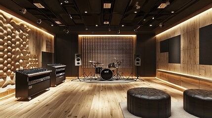 Modern recording studio with drum kit, acoustic panels, and audio equipment.