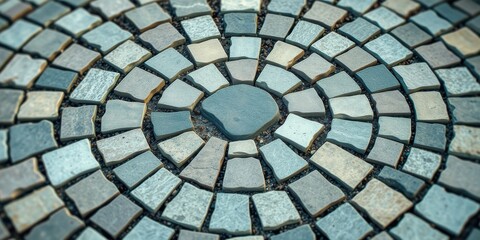 Fototapeta premium Circular stone mosaic pavement design featuring varied shades of grey and beige stones arranged in a concentric pattern.