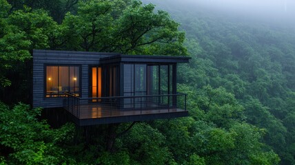 Fototapeta premium Modern Treehouse Cabin in Lush Forest Landscape Rain Nature