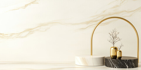 Scene with minimal trending 3d style different podiums. Marble, black and gold color. Composition of platforms. Copy space