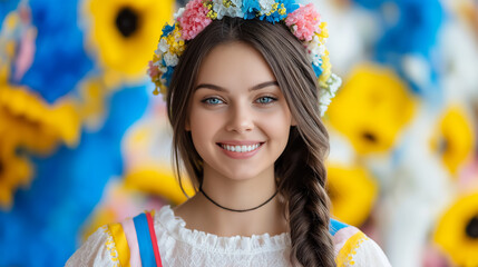 Fototapeta premium Creative portrayal of a young woman in traditional Ukrainian attire with vibrant floral decorations in a lively setting