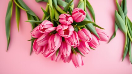 A vibrant bouquet of pink tulips arranged artfully on a soft pink background