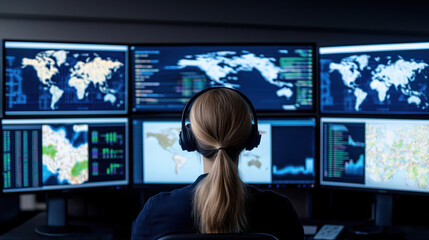 Focused data analyst monitors global trends. Multiple screens display maps graphs, data visualizations. Pro in headset concentrates on analysis. Modern tech in office workspace. Trendy analysis, tech