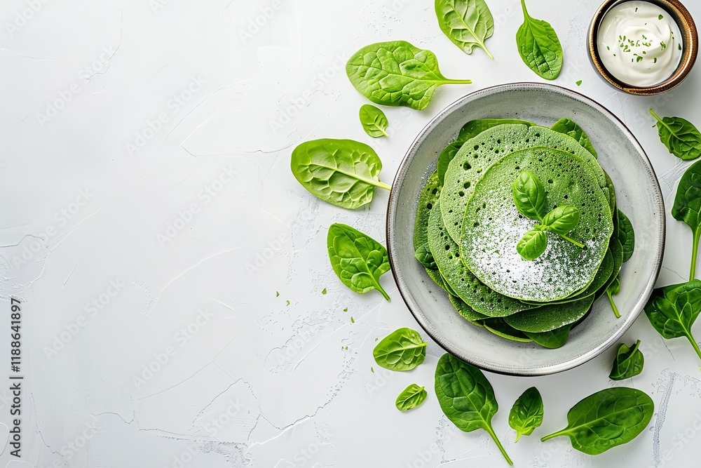 Poster close-up of gluten-free sour cream and spinach pancakes on a white backdrop featuring lots of empty 