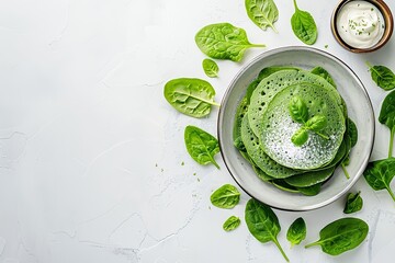 Obraz premium Close-up of Gluten-Free Sour Cream and Spinach Pancakes on a white backdrop featuring lots of empty space for text or background use, Generative AI.