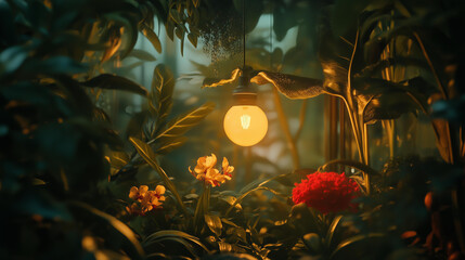 a glowing spherical lamp illuminating lush tropical vegetation and vibrant red flowers, warm and soft atmospheric lighting, serene and tranquil jungle setting, concept of harmony 