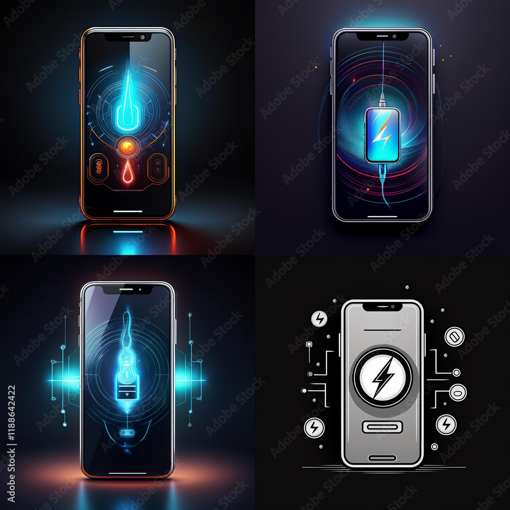 Poster a collage showcases four sleek smartphones displaying vibrant, futuristic charging interfaces. each 