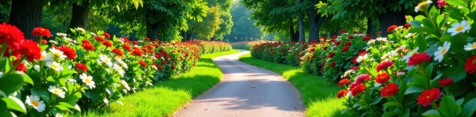 Obraz premium Serpentine pathway lined with lush greenery and vibrant flowers, serpentine, pathway