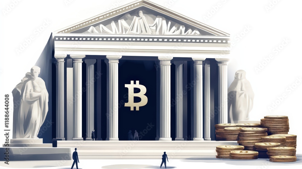 Poster crypto bank with bitcoin symbol and stacked coins in a grand setting