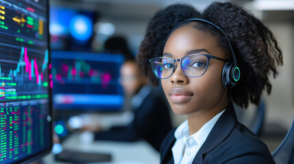 Stock data analysis team focuses on market trends with advanced technology in a modern office setting