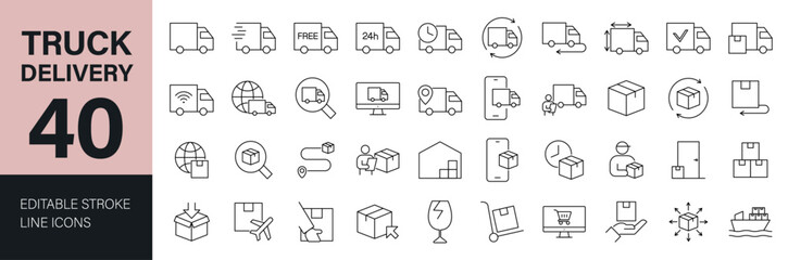 Truck Delivery Line Editable Icons set. Vector illustration in modern thin line style of vehicle related icons: logistics, delivery tracking, shipping, express delivery, container and more.