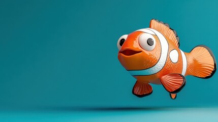 Adorable 3D Render of a Cartoon Clownfish Swimming in Teal Water