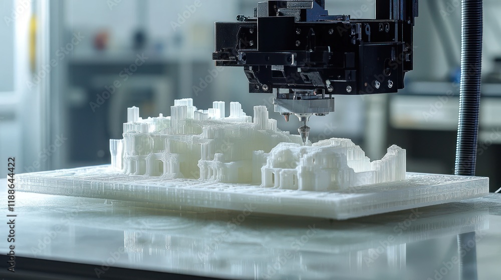 Poster 3d printing in action: a detailed close-up of additive manufacturing process creating a white model