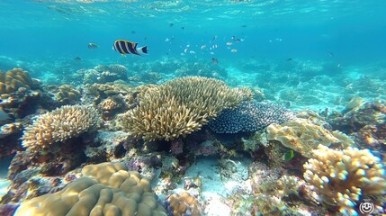 Fototapeta premium Vibrant Underwater Scene Capturing Colorful Coral Reefs and Tropical Fish Swimming in Clear Blue Ocean Waters