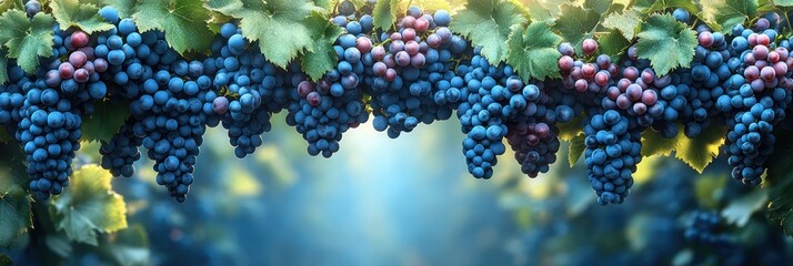 Fototapeta premium Lush Vineyard Grapes in Sunlit Boughs, Vibrant Colors and Foliage Highlighting Serenity