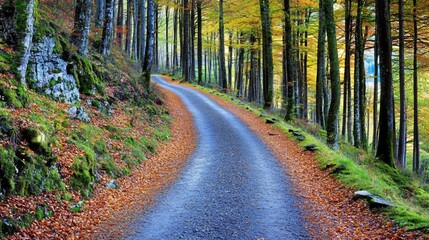 Fototapeta premium Autumnal Forest Road Winding Path Fall Foliage