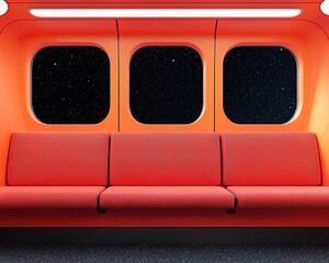 A vibrant subway interior featuring a red seating area and large windows revealing a starry backdrop.