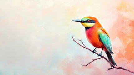 Vibrant Rainbow Bee-eater Perched on a Branch, Watercolor Painting of Exotic Bird