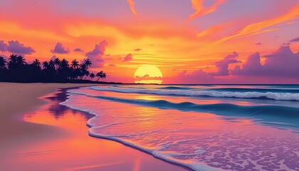 Vibrant Sunset over a Tropical Beach Paradise