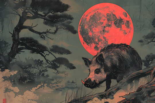 lunar night wildlife, the boar gazes at the full moon through hanafuda cards