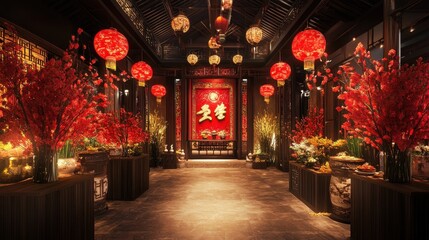 Festive Chinese Courtyard Decorated With Red Lanterns And Flowers