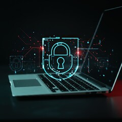 Cybersecurity concept, holographic lock icons, laptop computer, digital protection, glowing blue and red graphics, dark background, futuristic interface, data privacy visualization, high-tech security