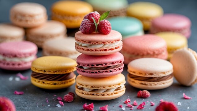 Deliciously colorful macarons in a french pastry display
