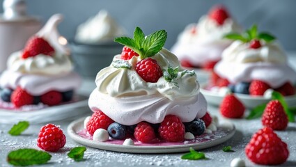 Delightful meringue dessert with cream mint and berries