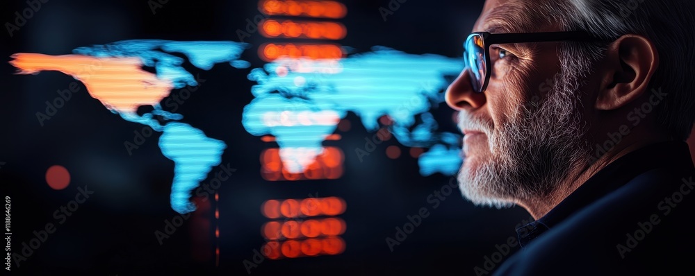 Aufkleber senior man observing global data flow on screen world map analytics technology
