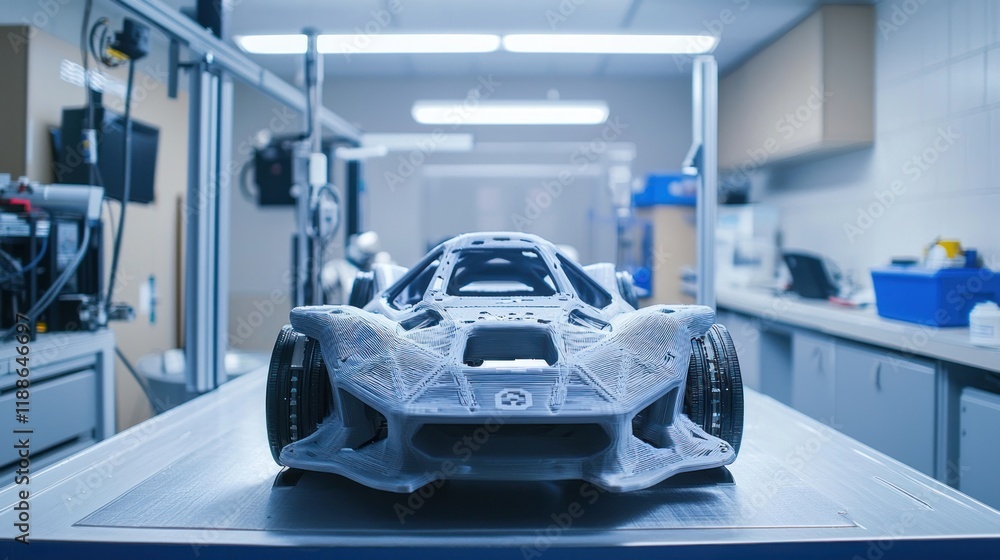 Poster 3d printed prototype sports car model in a modern factory setting