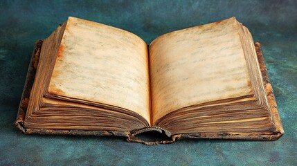 Obraz premium Open antique book with aged, yellowed pages on a dark green background.