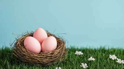 Obraz premium Pastel Pink Easter Eggs in Bird Nest on Spring Grass Delicate Springtime Image
