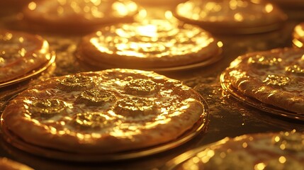 Golden pizzas on golden plates, close-up.