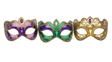Fototapeta premium Masquerade Masks in Purple, Gold, and Green Colors, Mardi Gras and Carnival Traditional Festival, PNG, Festive Celebration, Elegant Mask Design, Carnival Theme, Party Accessories, Festival Decorations