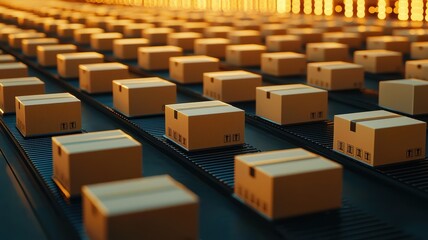 Fototapeta premium Automated Cardboard Box Conveyor Belt System Efficient Warehouse Logistics and E commerce