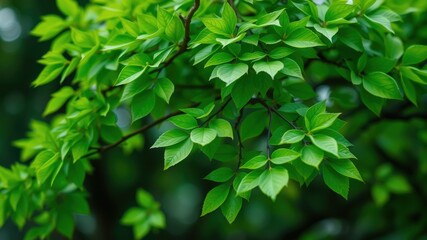 Fototapeta premium Vibrant Green Leaves on Branch, Lush Foliage in Nature, Springtime Greenery, Fresh Growth, Natural Background