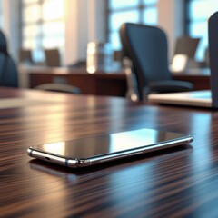 A sleek smartphone on a modern desk with a blurred office background, photorealistic
