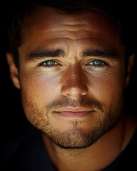 Obraz premium Close-up Portrait of a Man With Striking Blue Eyes and Textured Skin Illuminated by Soft Lighting, Showcasing Natural Features and Expression
