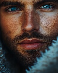 Obraz premium Close-up of a Young Man With Striking Blue Eyes and a Rugged Appearance Against a Soft Background, Capturing the Essence of Natural Beauty and Intensity